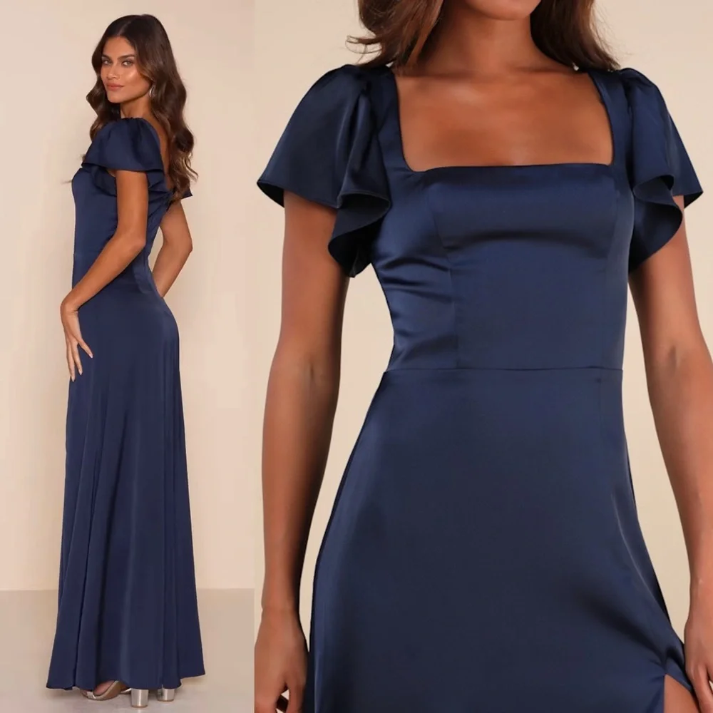 NWT LULUS Satin Square Neck Flutter Short‎ Sleeve Wedding Guest Formal Gown 3X